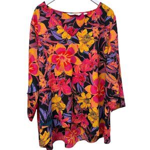 Beautiful by Lawrence Zarian Blouse Plus Size 2X Red Floral V-Neck Womens Top